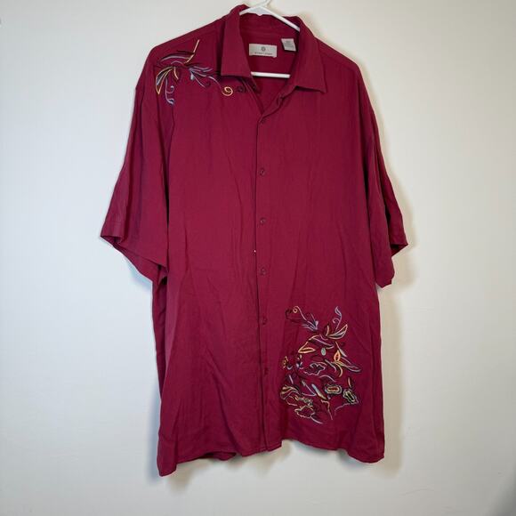 Bobby Chan Shirt Mens XLarge 100% Silk Red Short Sleeve Golfer Golf Button Up - Picture 2 of 12